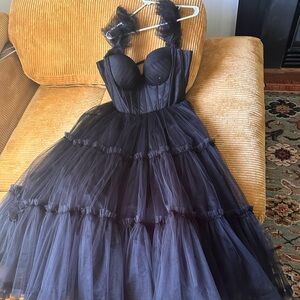 knee length dresses for ladies Black Ruffled Tulle Midi Dress main image 1